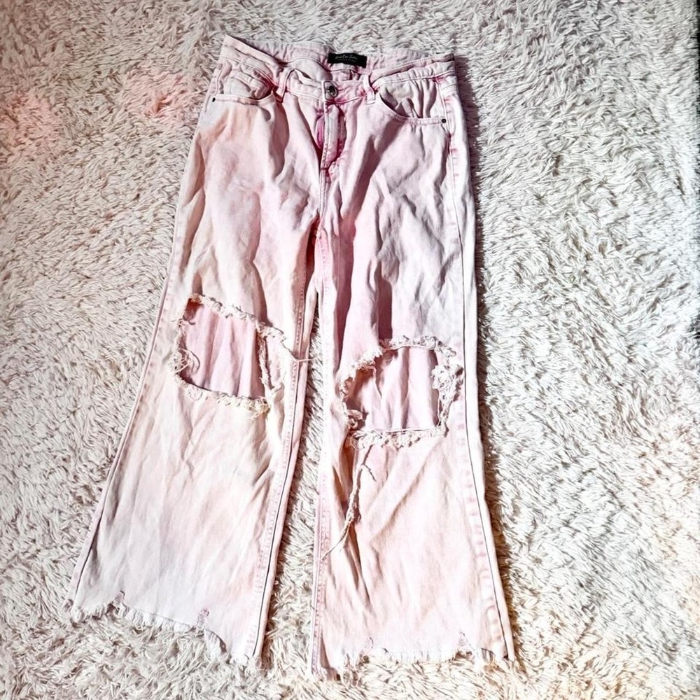 Wild Oak Distressed Raw Hem Coquette Boutique Baby Pink Wide Leg Jeans Womens 9